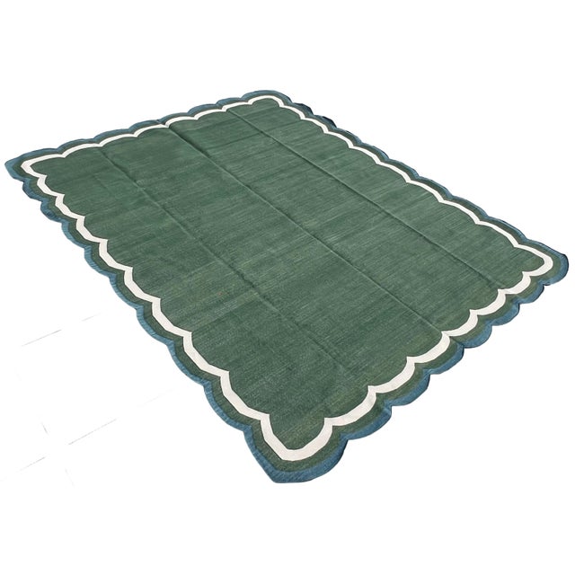Mid-Century Modern Handmade Cotton Flat Weave Area Rug, Forest Green, Cream and Teal Blue Scalloped Dhurrie - 8'x10' For Sale - Image 3 of 14