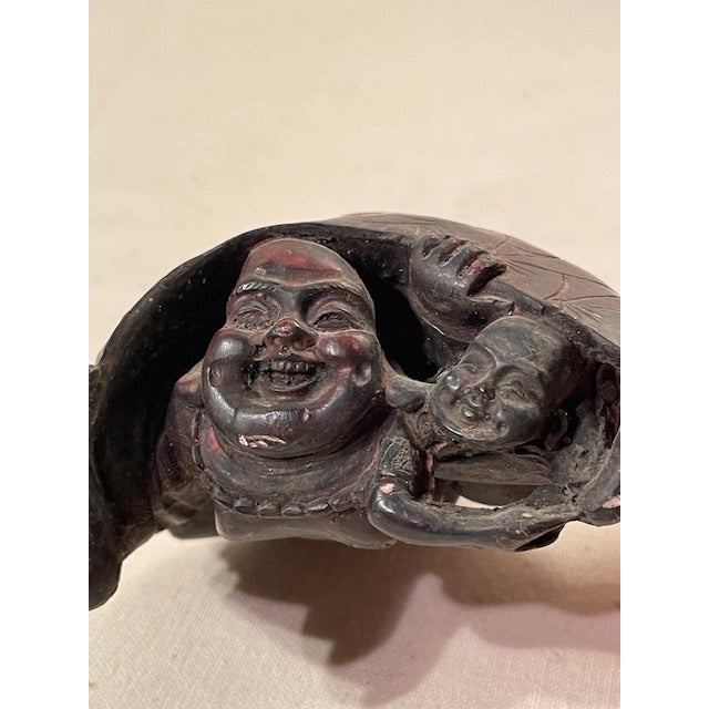 Chinese A Very Unique Chinese Ceramic Depicting a Smiling Hotai & Child Sheltering Under a Tortise Shell For Sale - Image 3 of 14