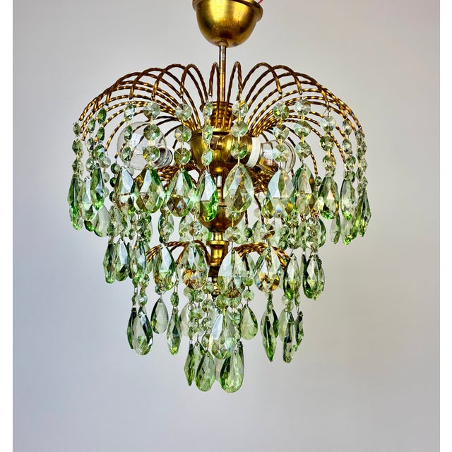 Vintage Crystal Chandelier – 1960s Hand Green Drop Crystals For Sale - Image 9 of 17