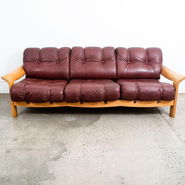 Oxblood Red 1960s Mid Century Danish Modern Sofa Couch Oxblood Red Leather 3 Seater Oak Tufted For Sale - Image 8 of 12