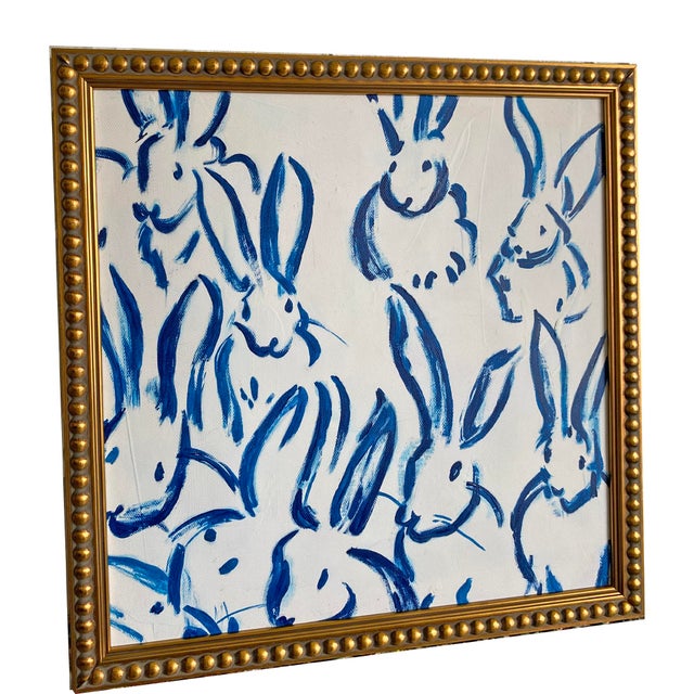 2020s Blue Bunny Painting Framed | Chinoiserie Rabbit Art | Acrylic on Canvas | Gold Gilded Frame | Preppy Wall Decor 13x13 For Sale - Image 5 of 6