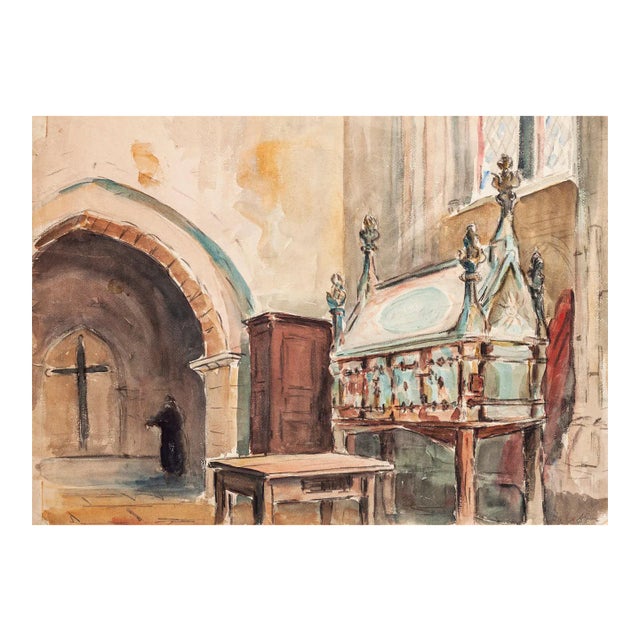 Jules Rene Leblanc - Church interior - ink and Watercolor - Early 20th Century For Sale