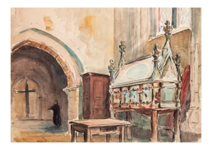 Jules Rene Leblanc - Church interior - ink and Watercolor - Early 20th Century