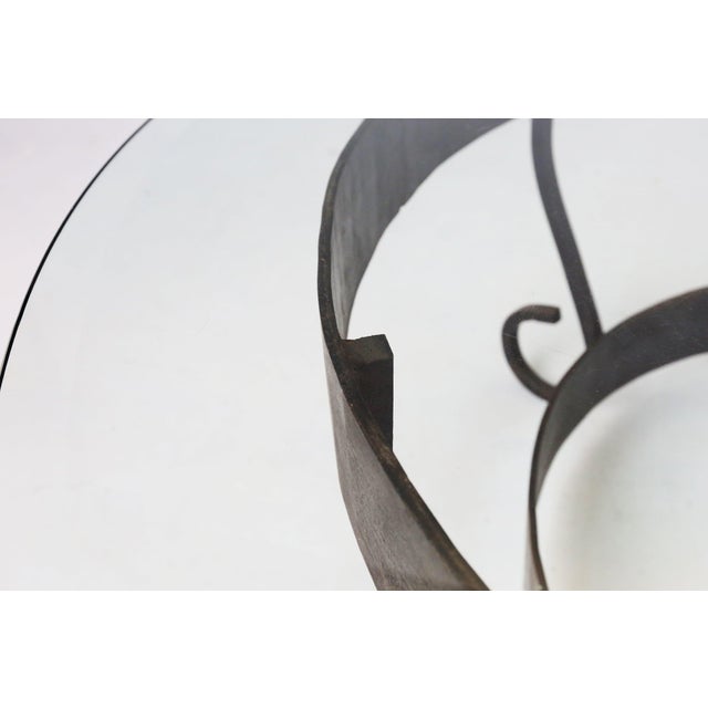 Rustic Round Coffee Table with Wrought Iron Base and Glass Top, France, 1930s For Sale - Image 6 of 12