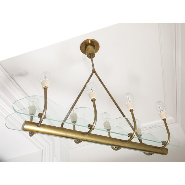 Glass 1930s Italian Art Deco Brass and Glass 8-Light Pendant For Sale - Image 7 of 15