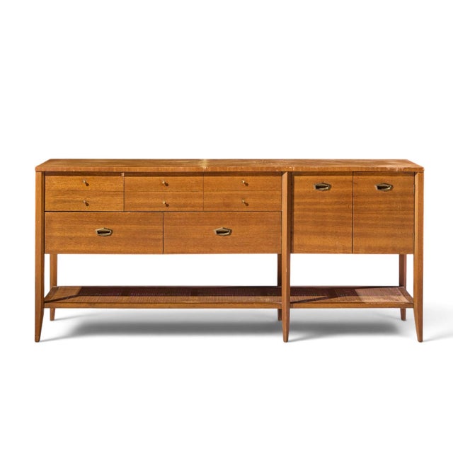 John Keal for Brown Saltman Style Mid Century Mahogany and Cane Console Credenza This credenza measures: 72 wide x 19 deep...