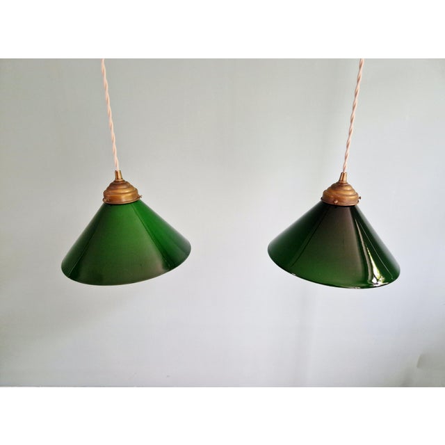 Metal Art Deco Conical Green Opaline Glass Pendant Lights, Set of 2 For Sale - Image 7 of 14