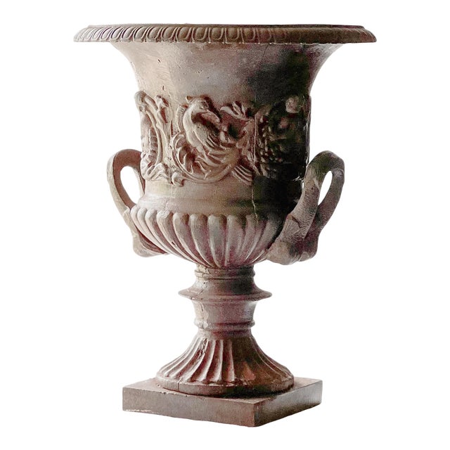 Large Ornate Antique French Cast Iron Urn With Cherub and Pheasant Design For Sale
