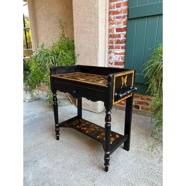 English Antique English Sofa Side Table Decoupage Botanical Floral Black Gold C1890 For Sale - Image 3 of 18