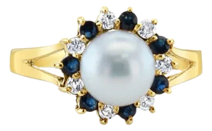 Pearl Ring with Diamond Sapphire Halo Ring 14k Yellow Gold, Size 3.5