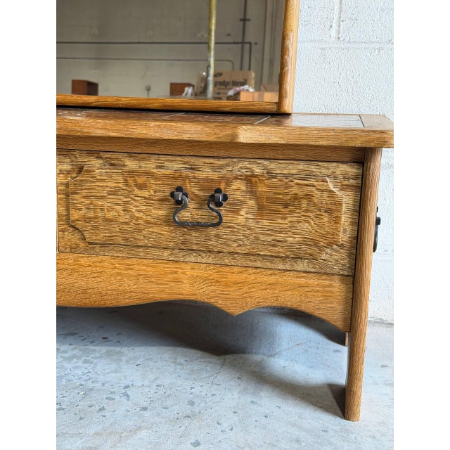 Vintage Danish Oak Entryway Table With Mirror & Tile Top Henning Kjærnulf Style For Sale - Image 9 of 10