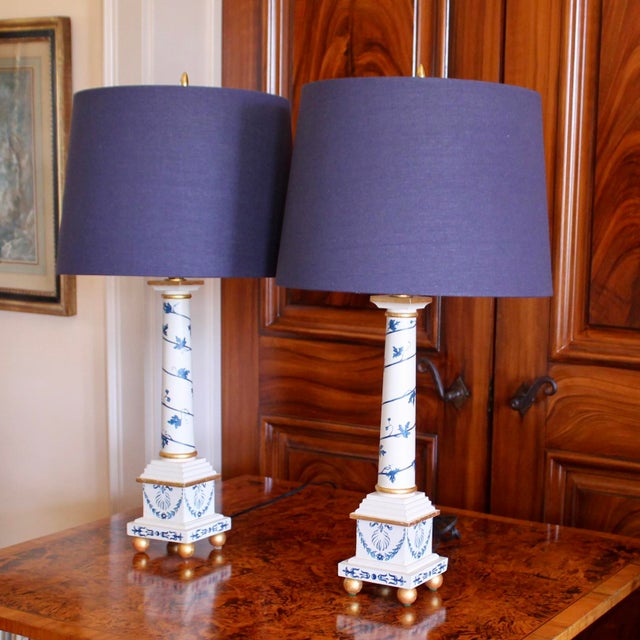 English Pair of Neoclassical Painted Lamps, Cream With Blue Designs For Sale - Image 3 of 18