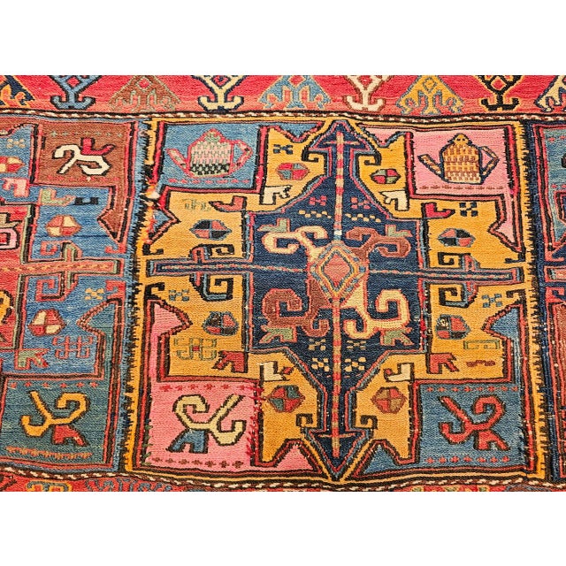 19th Century Caucasian Soumak Rug, Hand-Knotted Wool,Tapestry Tribal Wall Art, 4' x 5' For Sale - Image 16 of 18