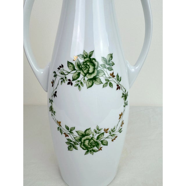 French 1950s Hollohaza Hungary Erika Green Floral Handled Porcelain Vase For Sale - Image 3 of 11
