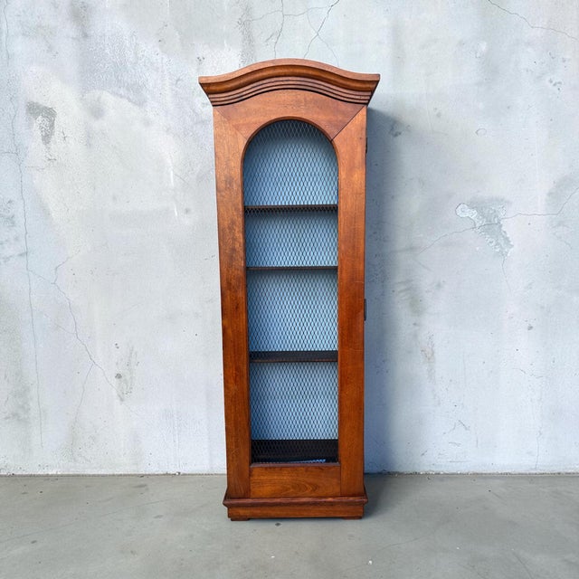 Early 20th Century Antique Tall Wood Wall-Hanging Display Cabinet With Arched Wire Mesh Door For Sale - Image 5 of 9