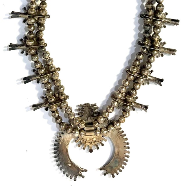 Vintage Zuni Squash Blossom Sterling Silver Turquoise Necklace With Earrings Set For Sale - Image 9 of 12