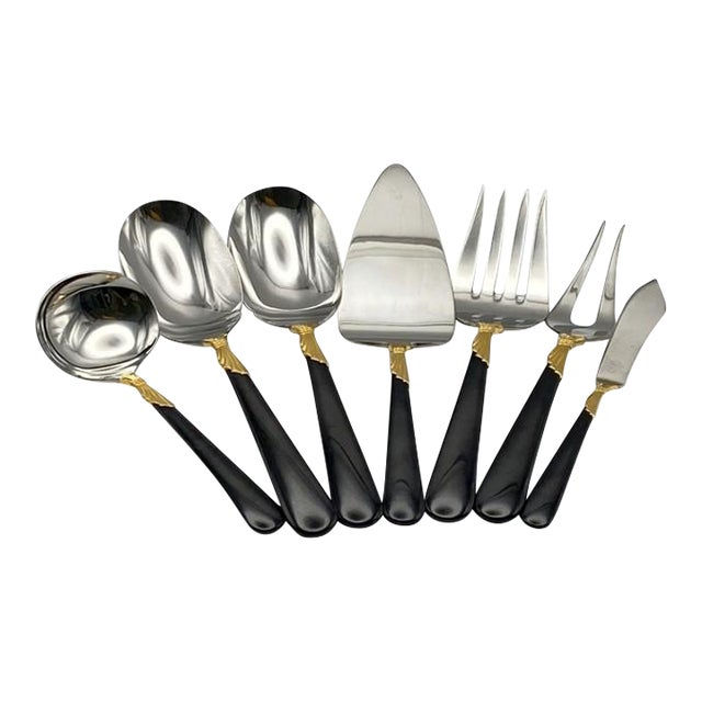 Late 20th Century Yamazaki "Lindi" Gold Accent Black Handle Stainless Complete 7-Piece Hostess Set (Gerald Patrick 18/8) For Sale