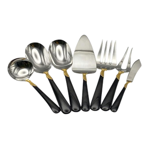 Late 20th Century Yamazaki "Lindi" Gold Accent Black Handle Stainless Complete 7-Piece Hostess Set (Gerald Patrick 18/8)