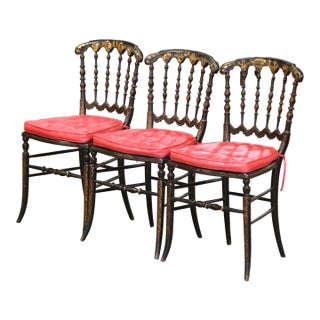 Set of 3 French Napoleon III Ebonized Cane Chairs With Chinoiserie Decor For Sale