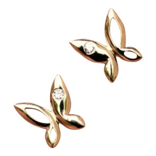 Butterfly 14k Gold Natural Diamond Butterfly Ear Stud Dainty Earrings - 2 Pieces For Sale