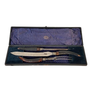 Antique English Stag Horn Carving Set of 3 Christopher Johnson Sheffield with box For Sale