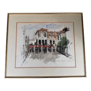Late 20th Century Vintage English Drawing Queens Guards Band Windsor Signed