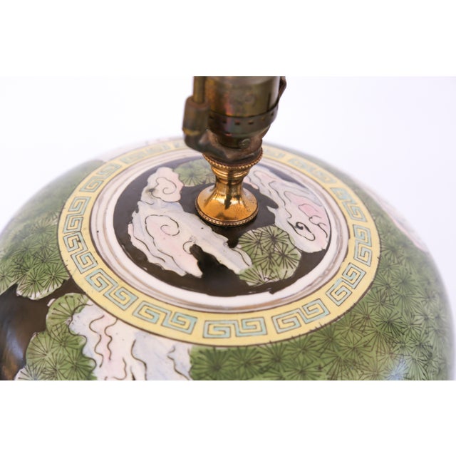 1970s 1970s Asian Chinoiserie Crane & Pine Trees Handpainted Matte Black Ceramic Ginger Jar Table Lamp For Sale - Image 5 of 18