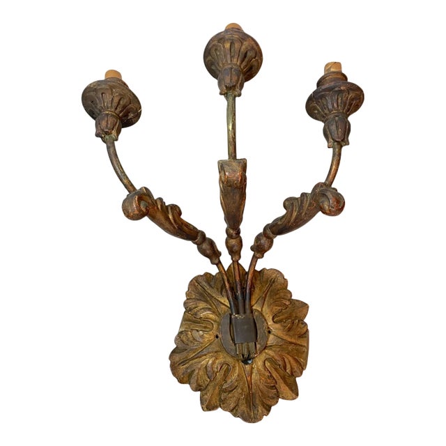 Antique Ornate 19th Century Italian Gilt Wooden Electrified Wall Sconce Fixture For Sale