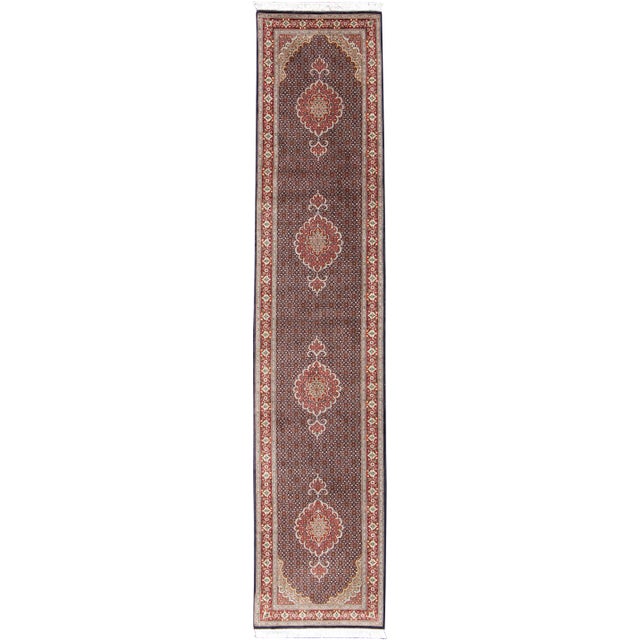 Vintage Persian Tabriz Runner Featuring Central Medallion Motifs on Navy Field 2'7 X 12'7 For Sale