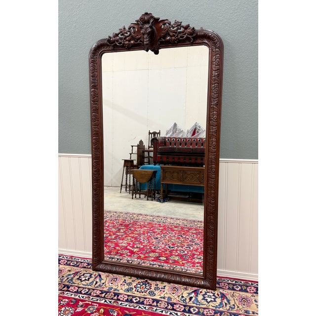 Antique French Renaissance Style Carved Oak Hunt Stag Pier Mirror Crown c.1880s For Sale - Image 16 of 17