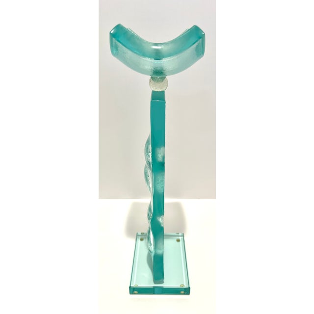 Pair of Aqua Teal Studio Art Glass Sculptures Totems Lucite Bases 15.5” Abstract Modern For Sale In Detroit - Image 6 of 9