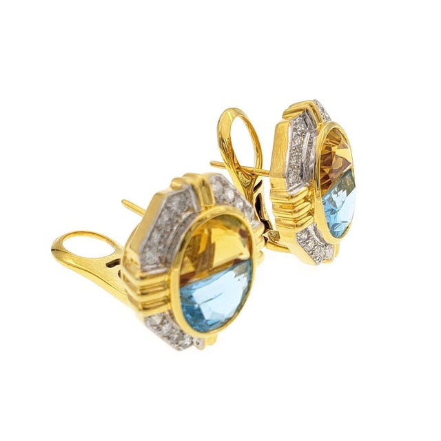 Contemporary Estate Diamond Topaz Citrine 18k Gold Post Clip Earrings, 2 pieces For Sale - Image 3 of 6