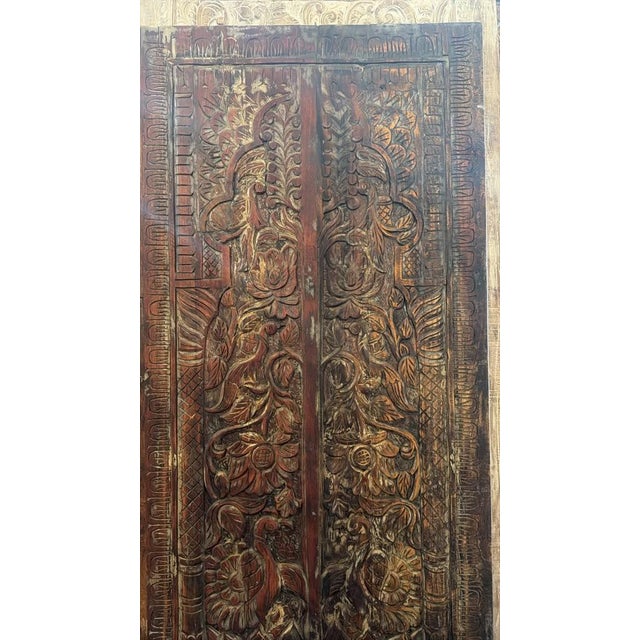 Antique Tree of Life Carved Wood Barn Door Panel – Rustic Peacock & Floral Motif For Sale - Image 4 of 7