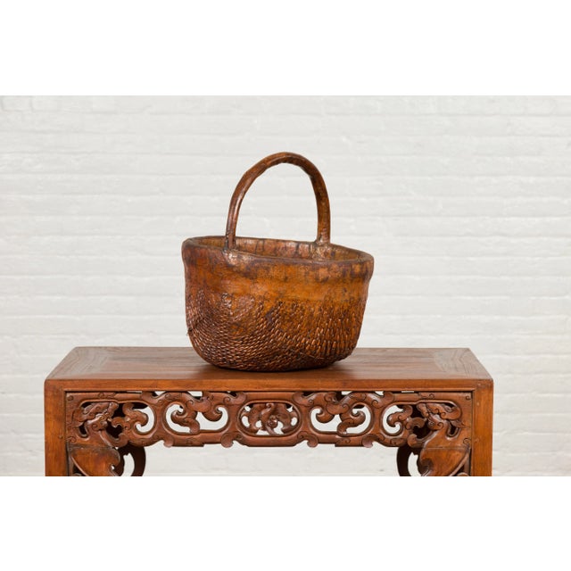 Antique Chinese Round Carrying Basket with Intricate Woven Rattan Design For Sale - Image 11 of 13
