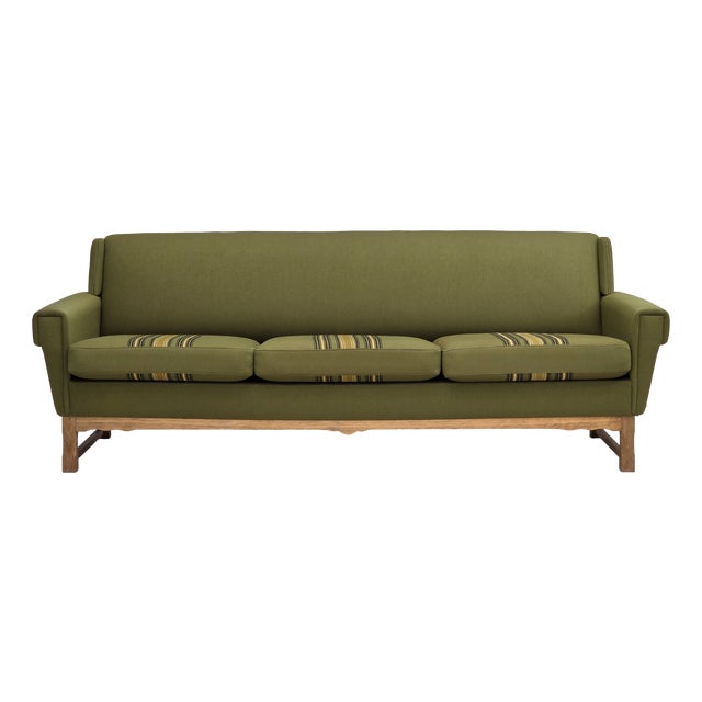 3-Seater Danish Sofa in Green Furniture Wool and Oak Wood, 1970s For Sale