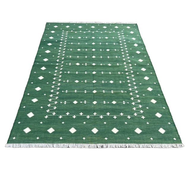 Handmade Cotton Vegetable Dyed Forest Green and White Shooting Star Rug - 9'x12' For Sale - Image 9 of 11