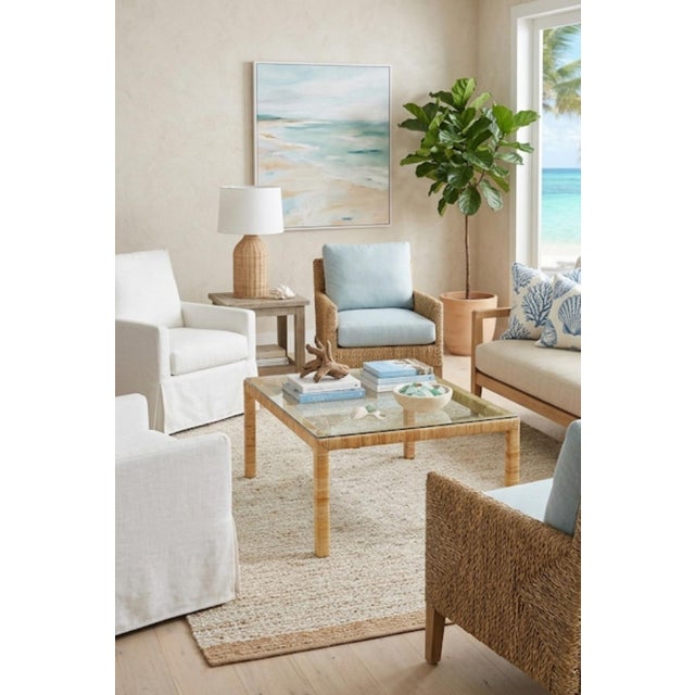 Tan Vintage Bielecky Brothers Coastal MCM Steel Pencil Reed Wrapped Glass Top Coffee Table For Sale - Image 8 of 8