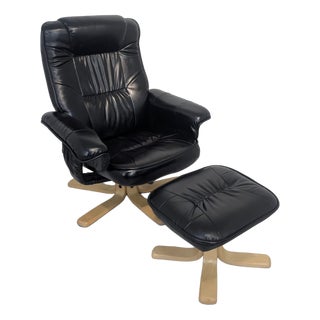 Adjustable Leather Armchair with Ottoman in Black, 1975 For Sale