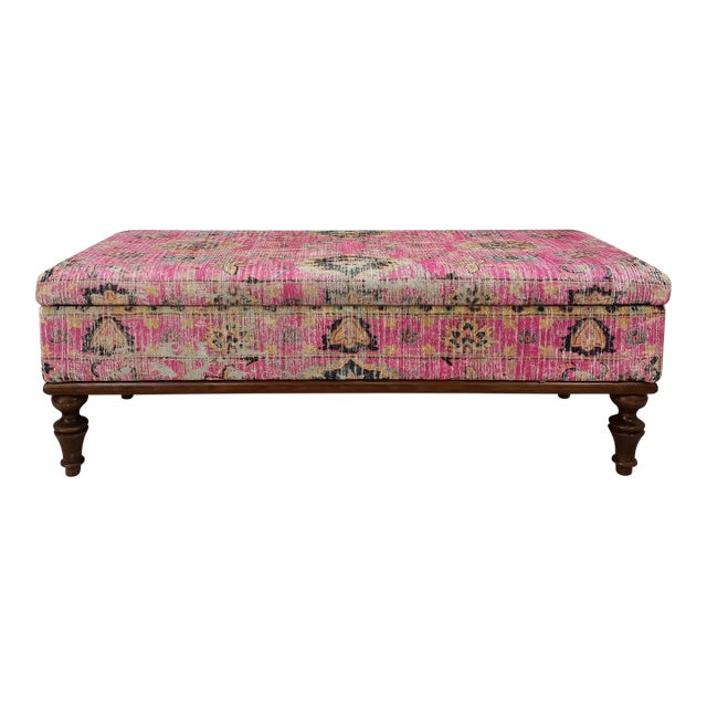 Bohemian Pink Rug Print Fabric Upholstered Storage Bench For Sale