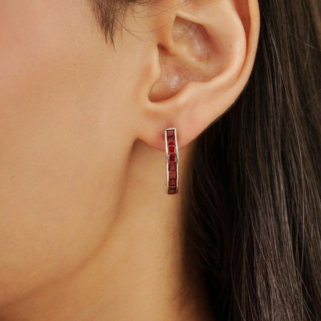 Red Garnet Channel Set Hoop Earrings in 925 Sterling Silver for Her, A Pair For Sale - Image 6 of 11