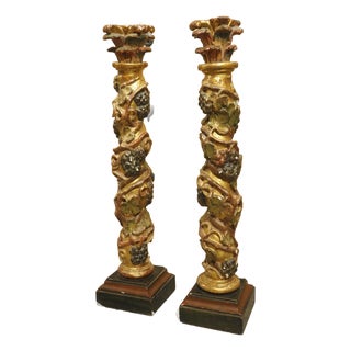 Pair of 17th Century Italian Giltwood and Polychrome Grape Leaf Table Columns For Sale