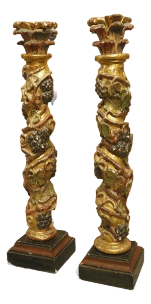 Pair of 17th Century Italian Giltwood and Polychrome Grape Leaf Table Columns