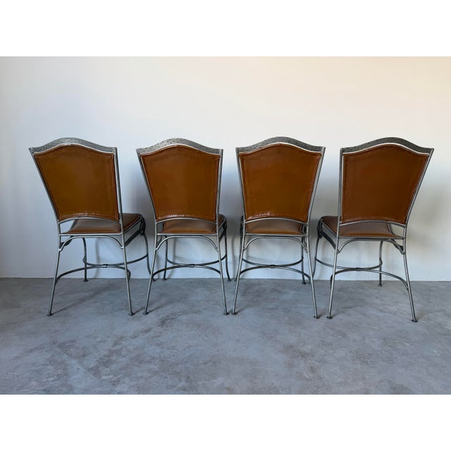 1990s Palma Brava Wrought Iron & Brown Leather Dining Chairs – Set of 4 For Sale - Image 5 of 13