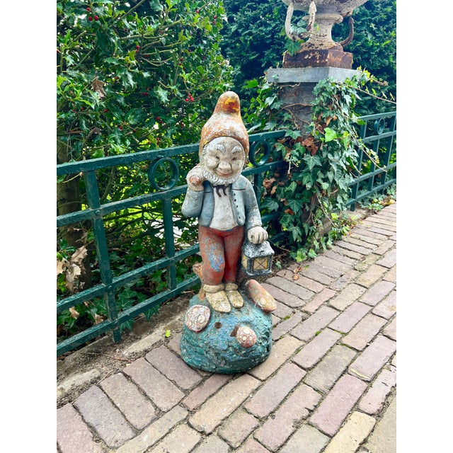 Vintage Concrete Garden Gnome with Weathered Polychrome Paint, 1950s For Sale - Image 12 of 13