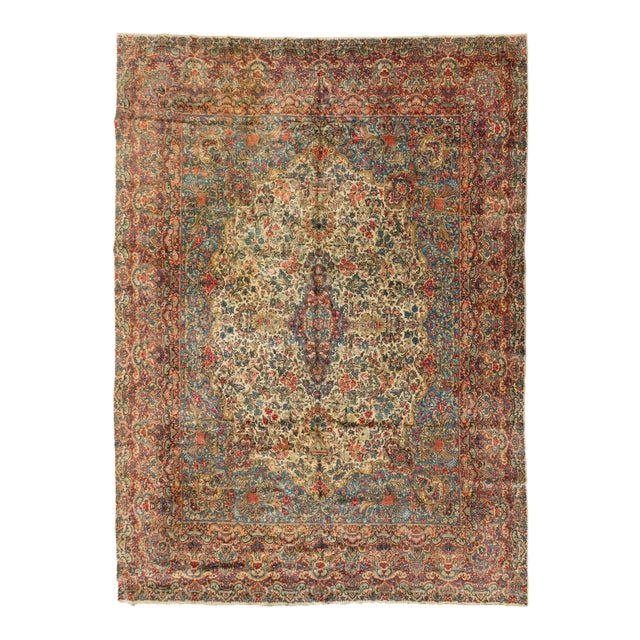 1920s Oversize Persian Ivory and Blue Floral Kirman Rug For Sale