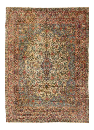 1920s Oversize Persian Ivory and Blue Floral Kirman Rug