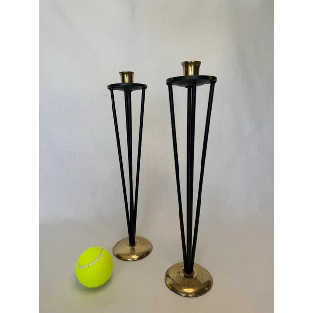 Metal A Pair of MId Century Modern Black Metal and Brass Candlesticks For Sale - Image 7 of 10