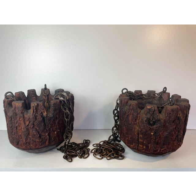 Mid 20th Century Rustic Mission Style Redwood Swag Chain Hanging Planters - A Pair For Sale - Image 4 of 9