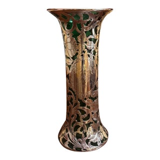 Antique Alvin American Art Nouveau Green Floral Silver Overlay Vase For Sale