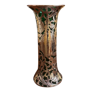 Antique Alvin American Art Nouveau Green Floral Silver Overlay Vase